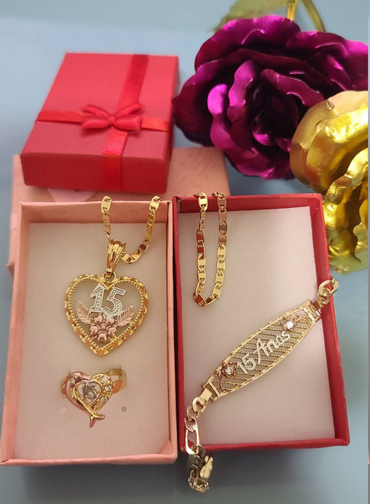 14k Gold Plated Mis Quince Bracelet Ring & Necklace Set ~ Lindo Set XV Años en Oro Laminado QZT2_F3HJY77