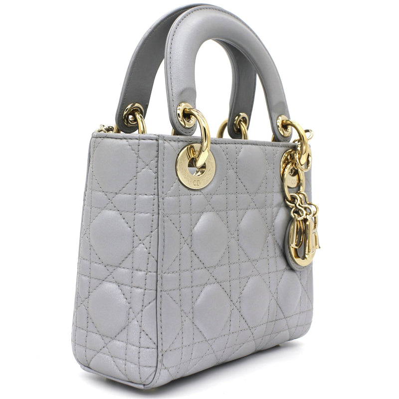 CHRISTIAN DIOR Mini Lady Dior Bag with Chain in Grey Pearly Lambskin