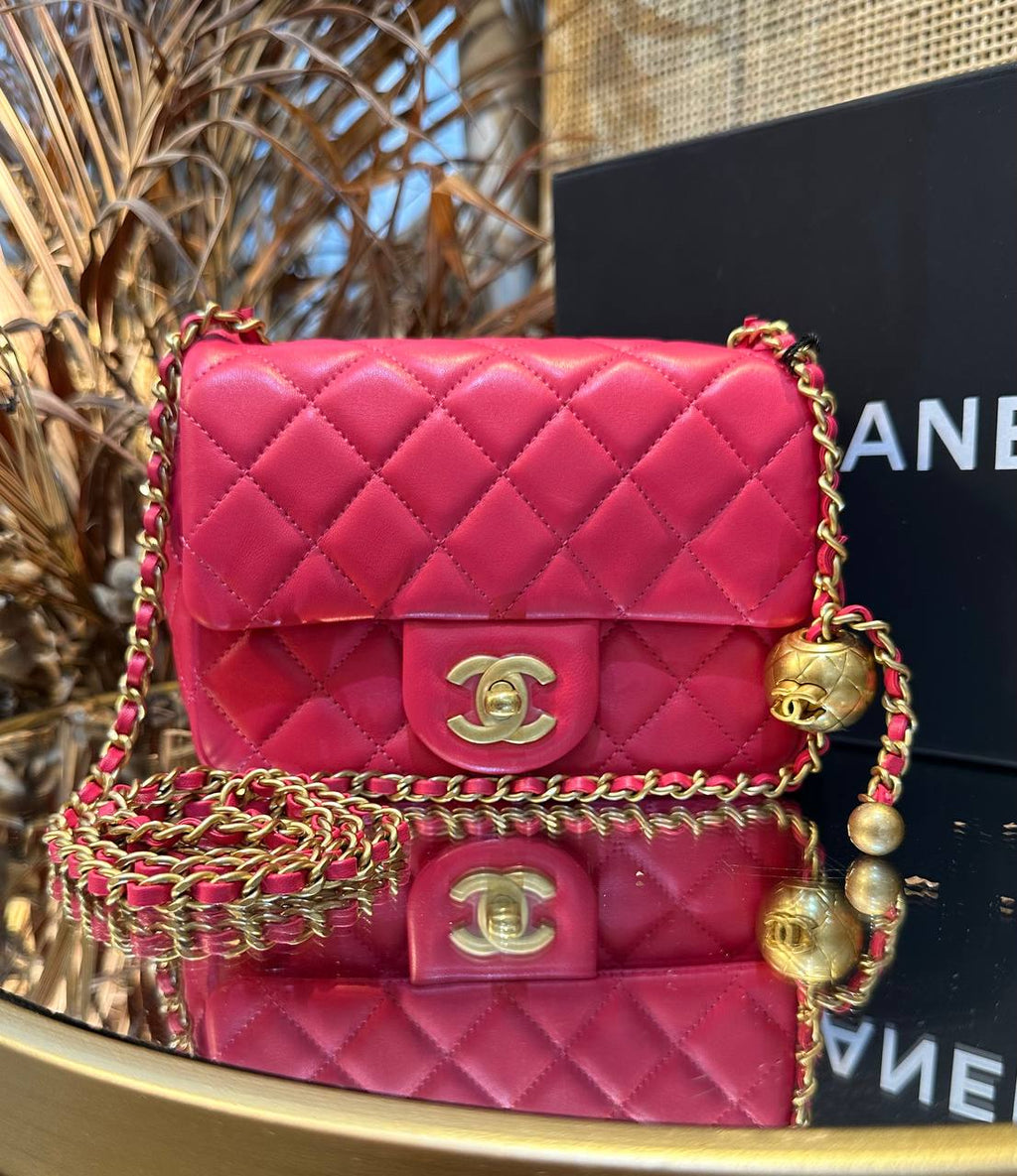 CHANEL, Bags, Chanel Strawberry Red Quilted Lambskin Pearl Crush Mini Flap  Bag