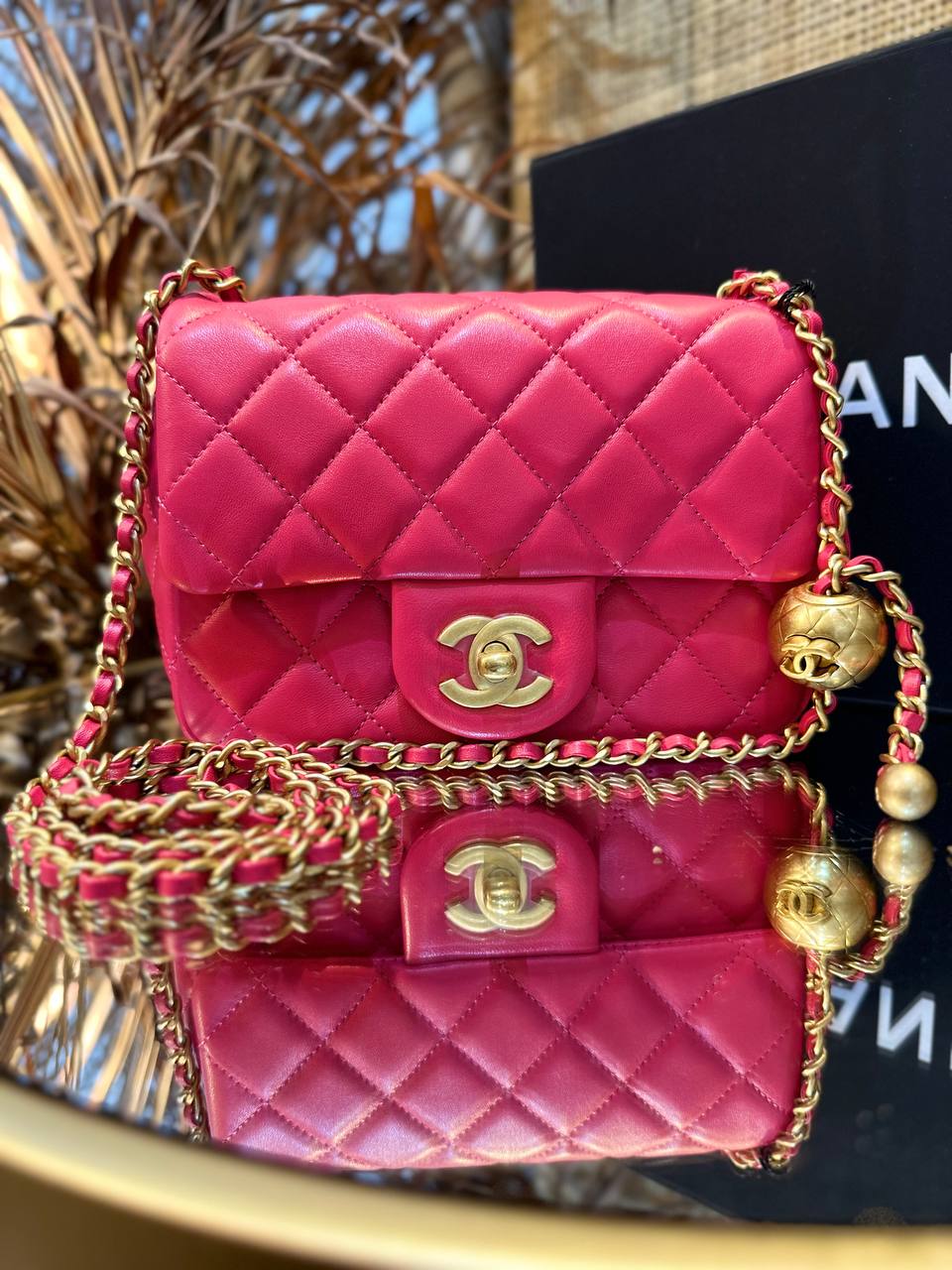 CHANEL Patent Quilted Mini Square Flap Pink